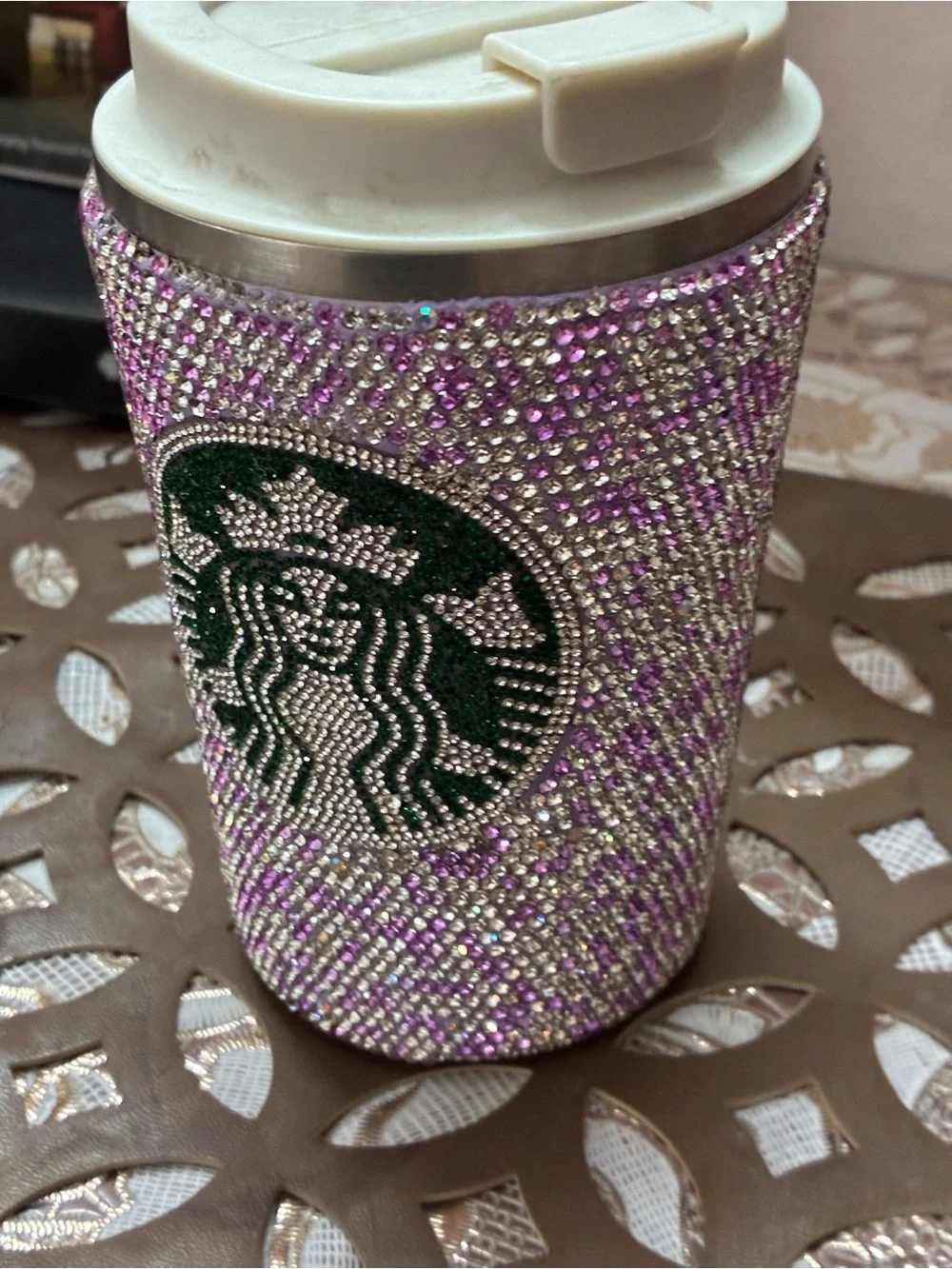 Ideal !Sparkling purple white Rhinestone crystal temp temp check Travel Tumbler